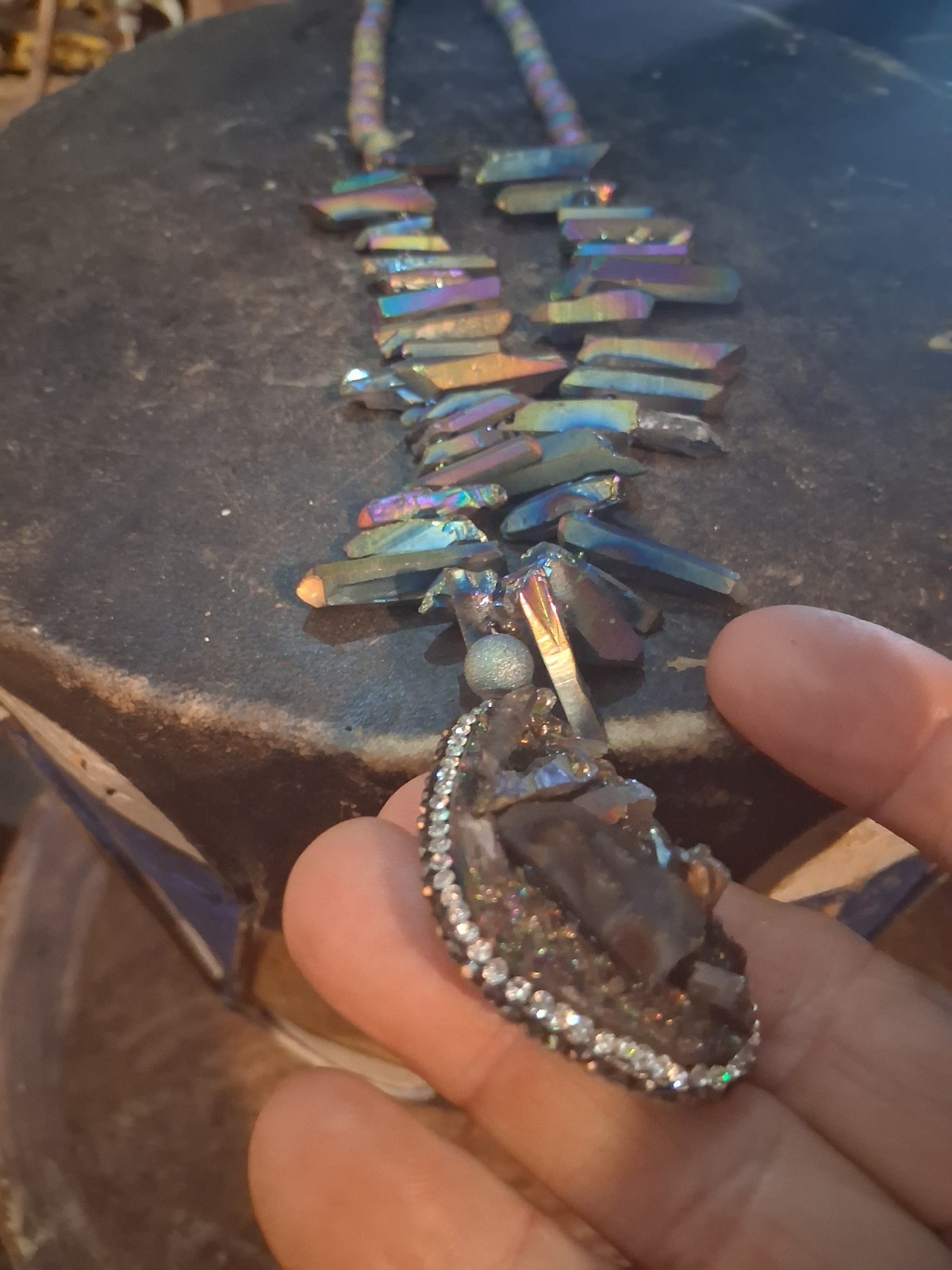 **EXCELLENT RAINBOW TITANIUM QUARTZ CRYSTAL NECKLACE & PENDANT NICE!!*
