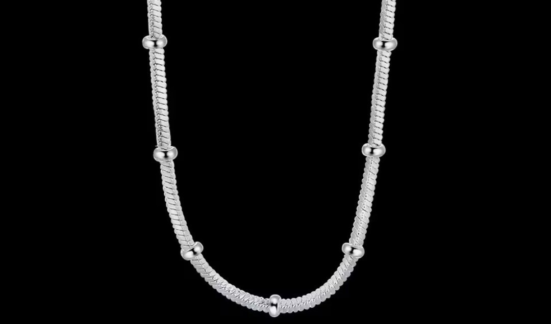 Snake Chain Necklace Silver Tone Metal Stations, No Stone, Lobster Clasp