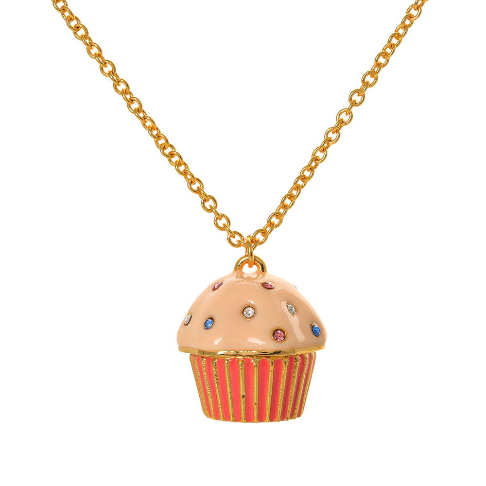 Hand Enamel Rhinestone Cupcake Long Necklace 18K Gold Plated Brass Sweater Chain