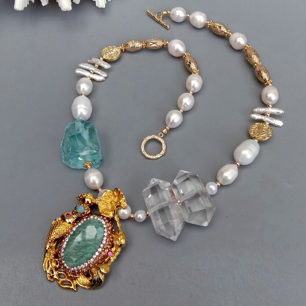 Cultured White Pearl Quartz Double Point Necklace Green Amazonite Cz Pendant