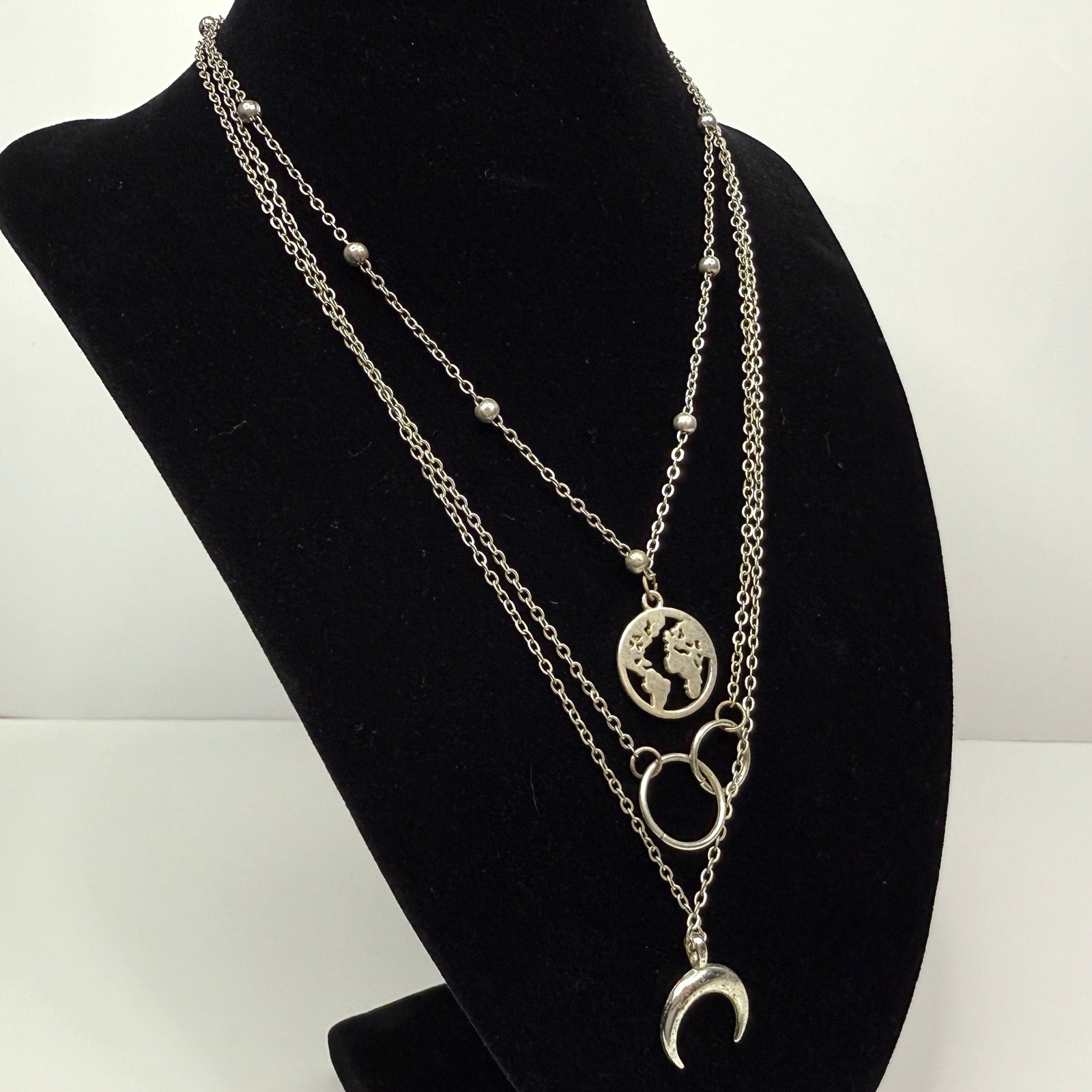 Layered Crescent Charm Pendants Necklace Silver Tone Globe Circle Jewelry 9.5 in
