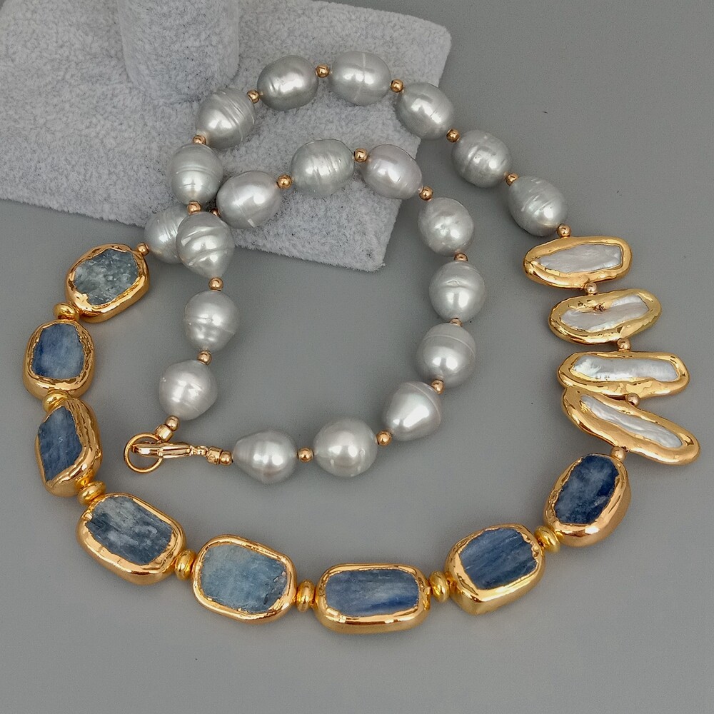 Freshwater Cultured Gray Rice Pearl White Biwa Pearl Blue Kyanite Necklace 23″