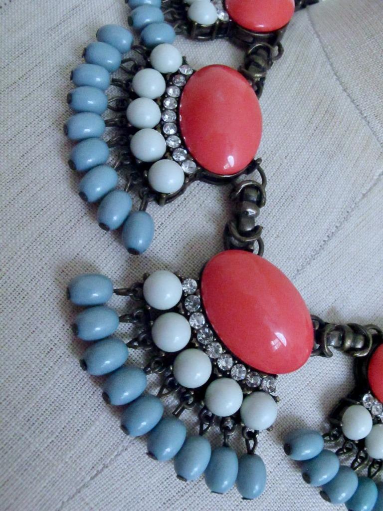 J. Crew Statement Fan Fringe Necklace Blue Coral Orange Beads Rhinestones