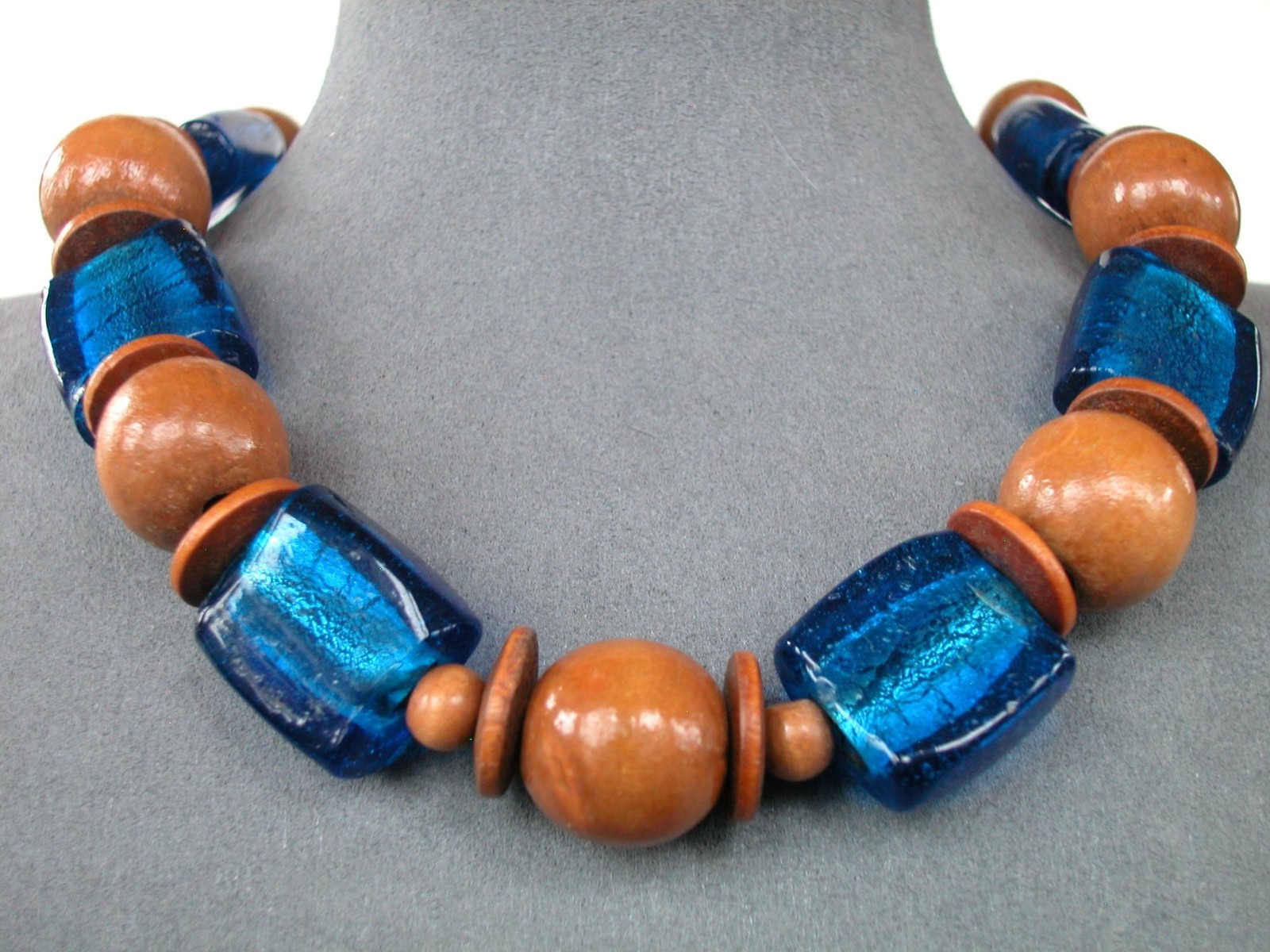Wood & Blue Glass Bead Necklace 18″ / Lobster Clasp