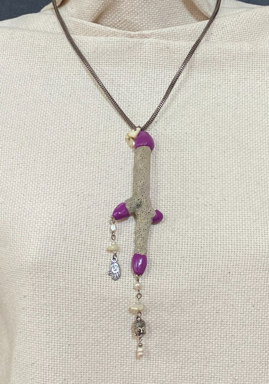 Handcrafted Coral Necklace with Purple Clay Accents and Spiritual Charms