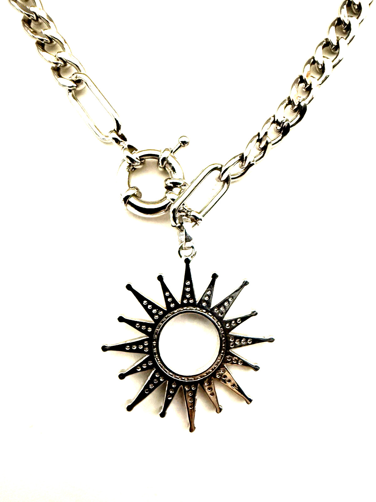MELANIA CLARA 17″ Silver Tone Crystal Sunburst Pendant Front Clasp Necklace