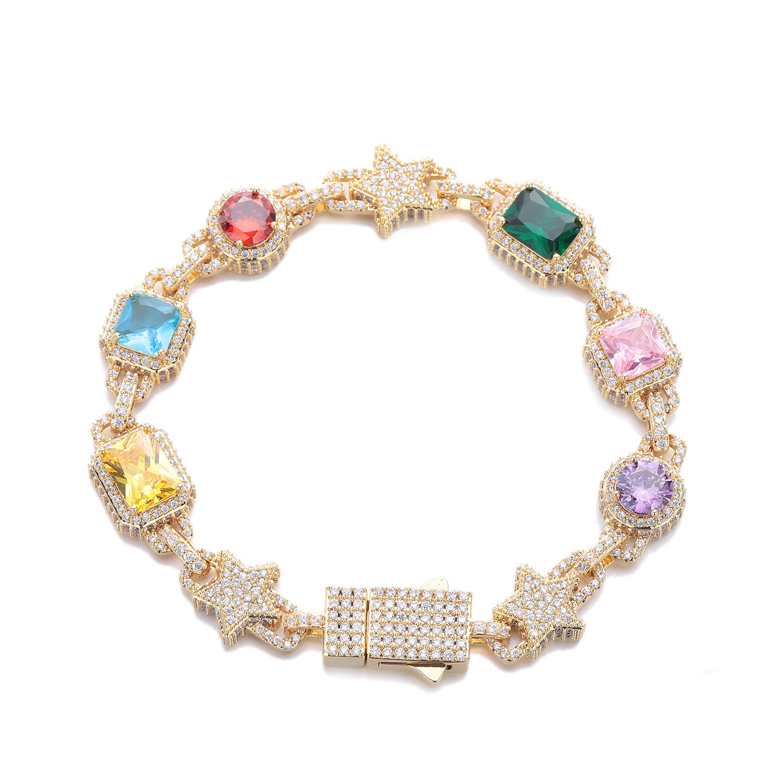 10mm Hip Hop Colored Zircon Crystal Star Chain Necklace Bracelet Choker Jewelry