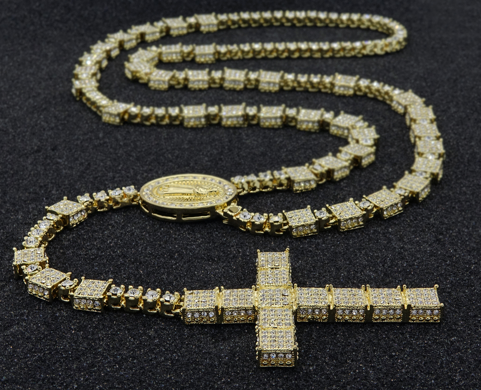 14k Gold Plated Cubic-Zirconia Rosary 3D Cube Cluster Guadalupe Necklace Cross