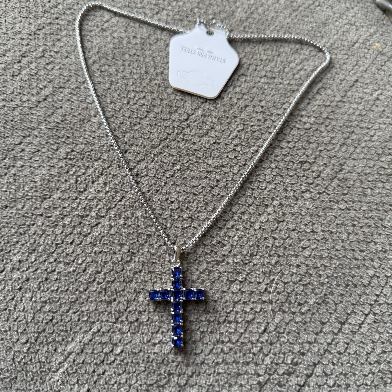 Silver Tone Box Chain Necklace Blue Crystal Cross Pendant Prong Set