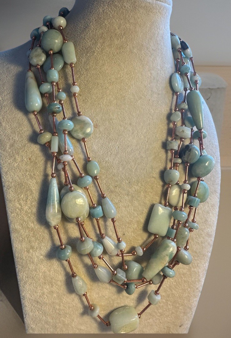 Multi Strand Amazonite Green Gem Stone Lg. Bead Aqua copper Necklace Balance