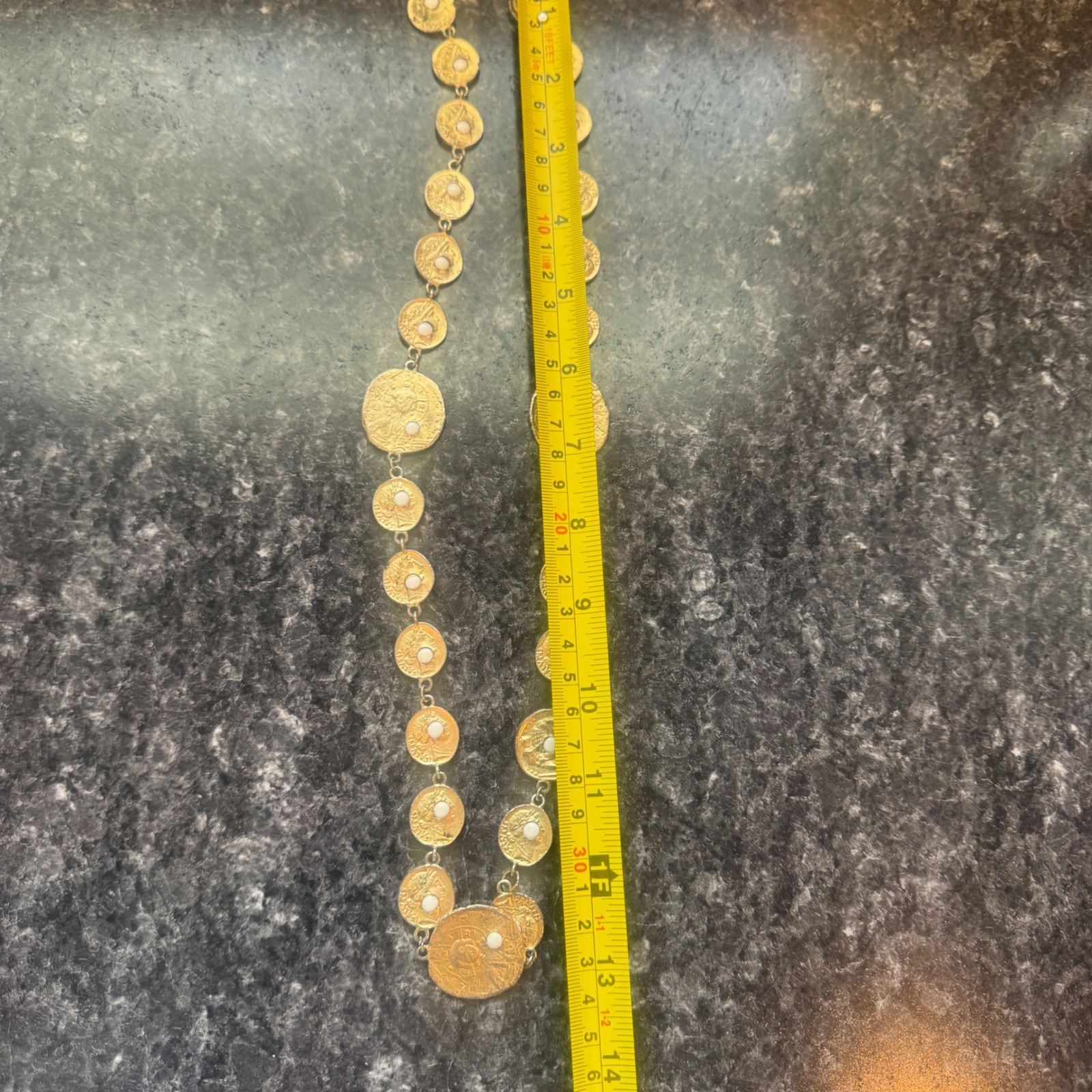 Vintage 80s Pauline Rader Gold Greek/Roman Coin Necklace White Cabochon Hammered