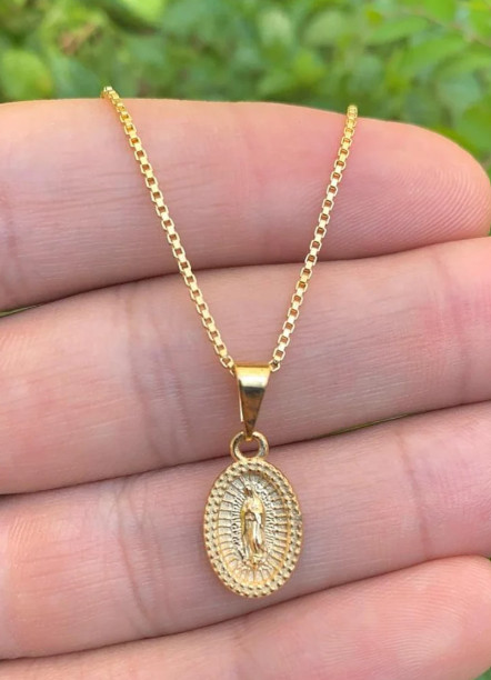 Virgen de Guadalupe Necklace 14K Gold Filled Box Link Chain Gifts For Adults