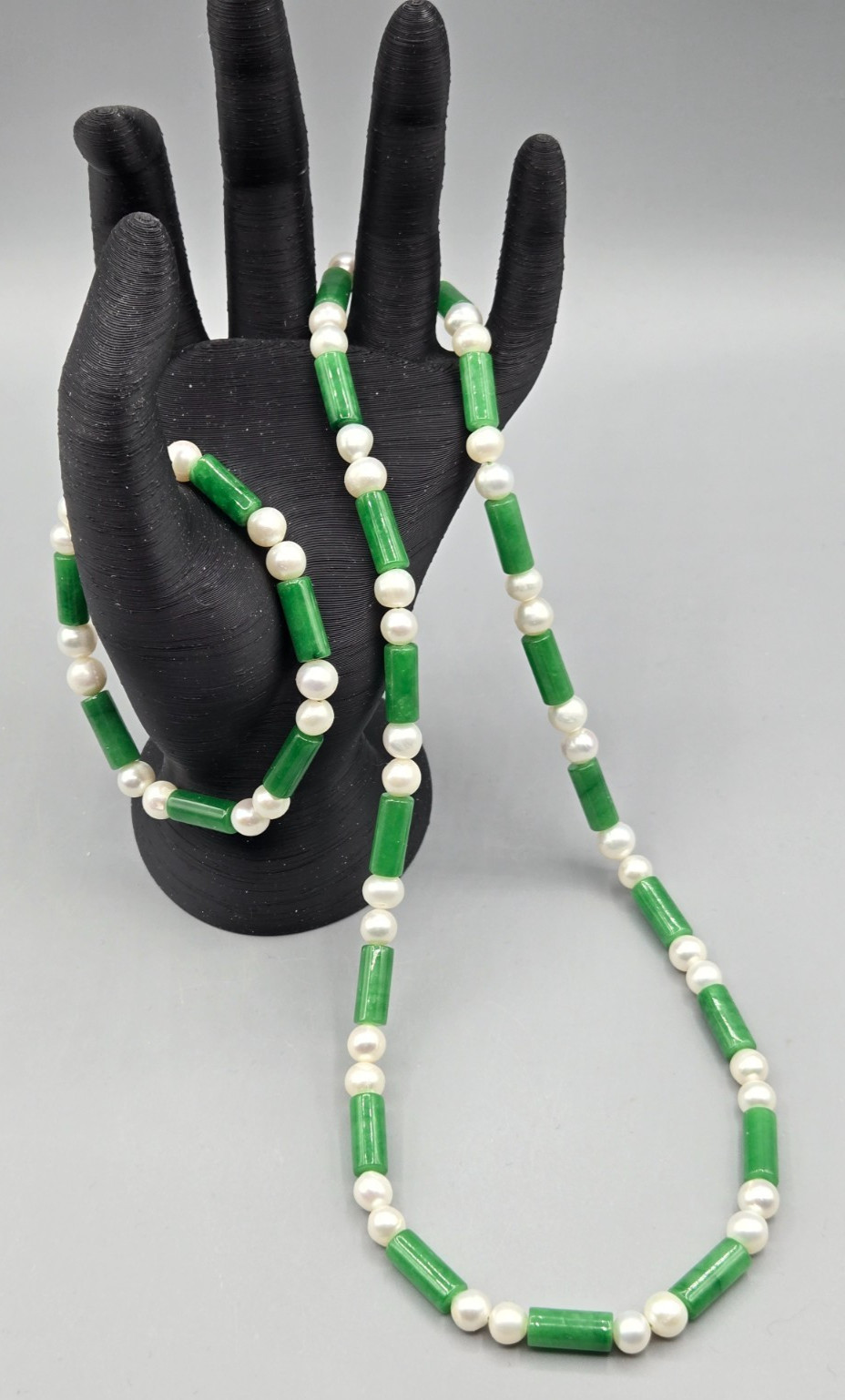 Natural White Freshwater Pearl 7-8mm, 15 x 6mm Green Jade Necklace Bracelet Set