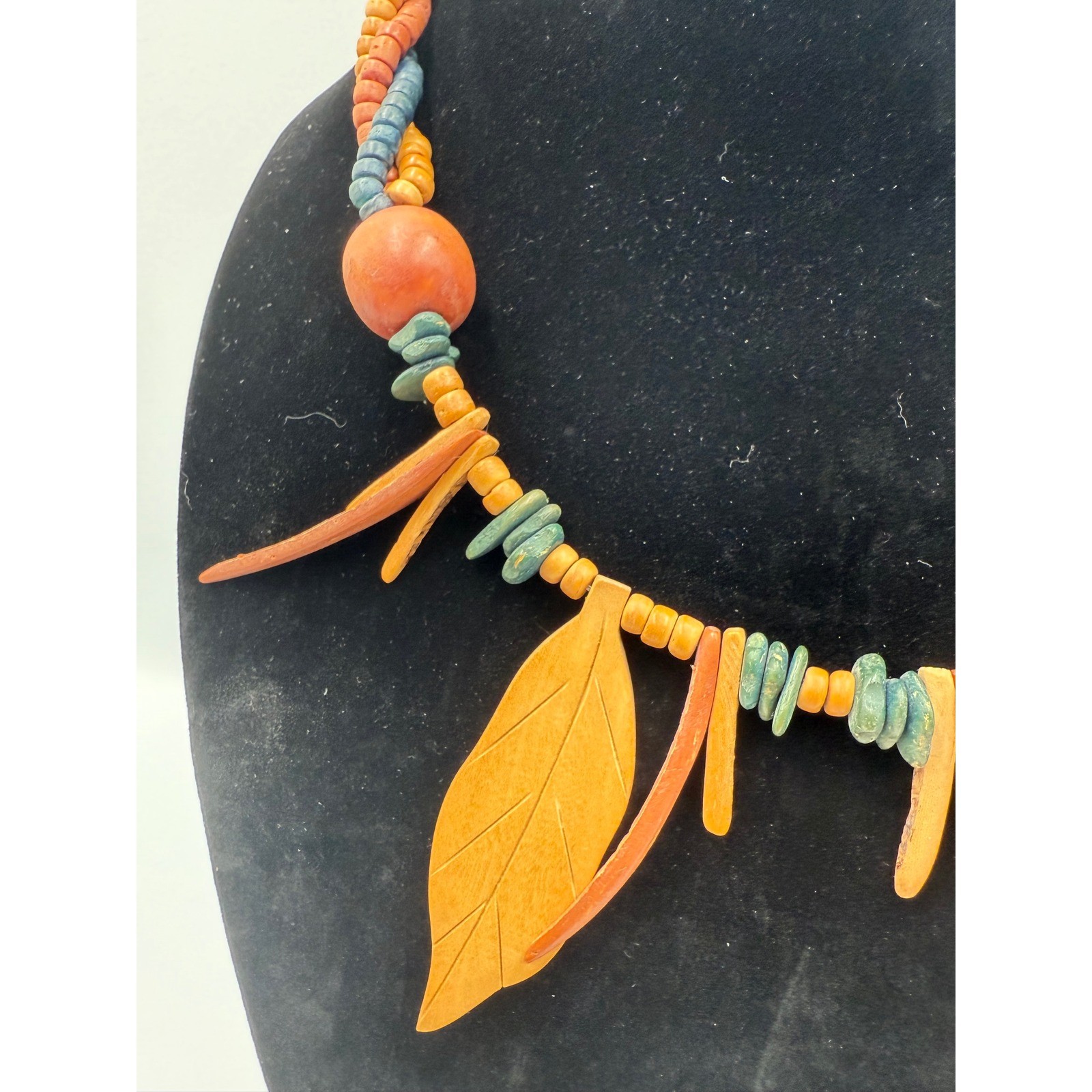 Vintage Boho Carved Wood Leaf Statement Necklace Earthy Multi Strand Beaded 22″