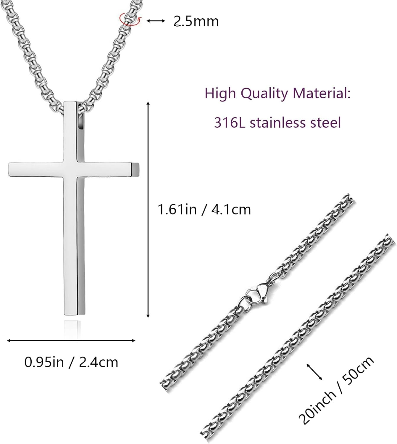 Cross Necklace for Men, Silver Cross Stainless Steel Pendant Necklace, Mens Cros