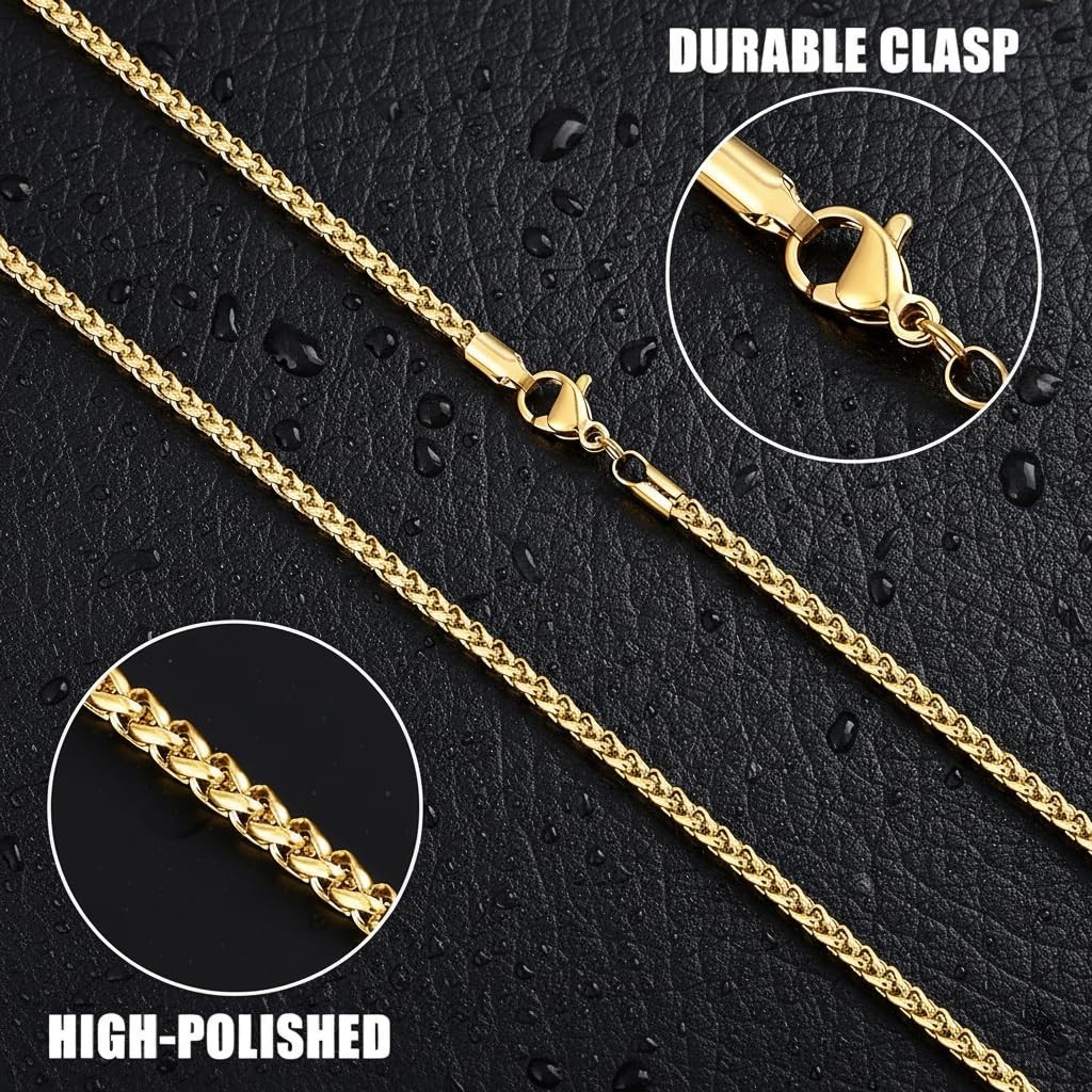 14K Gold Plated Wheat Chain Necklace, Stainless Steel 16-28 Inch, 2-5mm Unisex