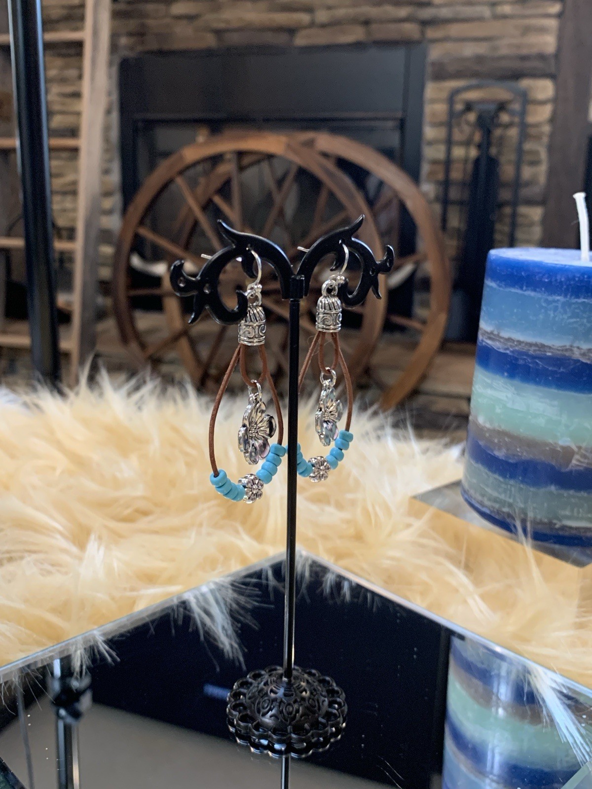 Boho Style Plum Blossom Pendant Earrings Double Layered With Turquoise Beads