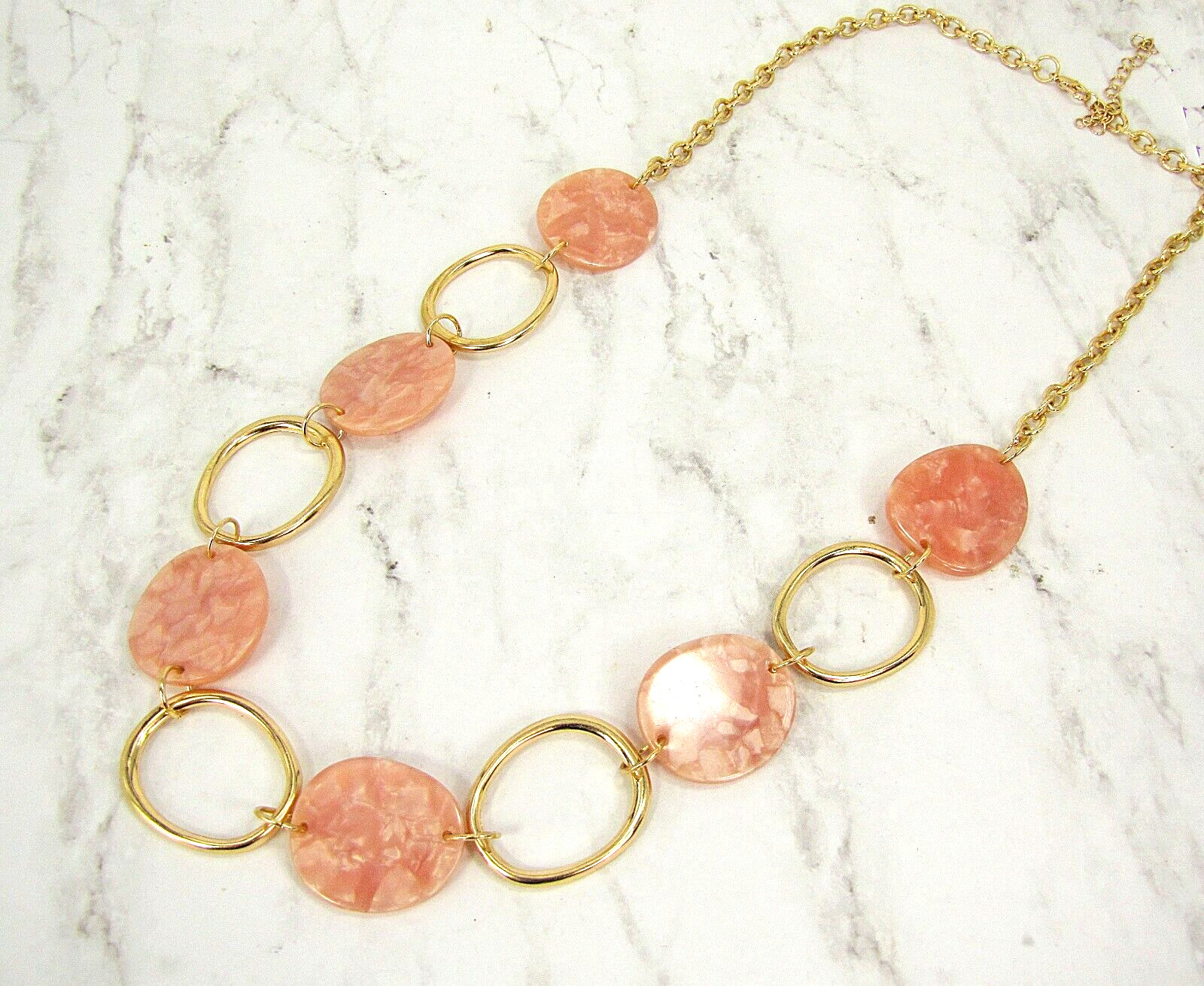 Pink and gold link necklace with pink flat marble look oval disk beads NEW