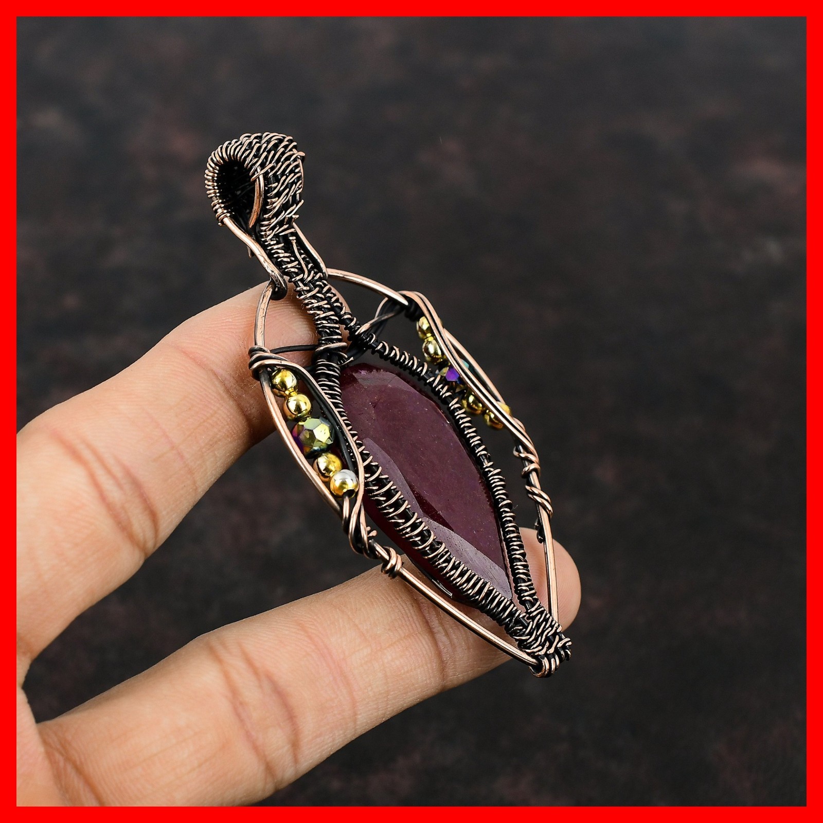 Natural Faceted Kashmir Rubi Titanium Beads Copper Wire Wrapped Birthday Pendant
