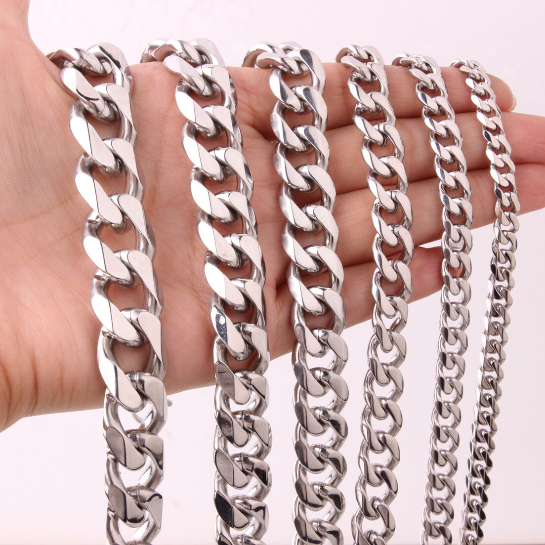 10/12/15/17/19mm Polished Silver Stainless Steel Mens Curb Cuban Chain Necklace