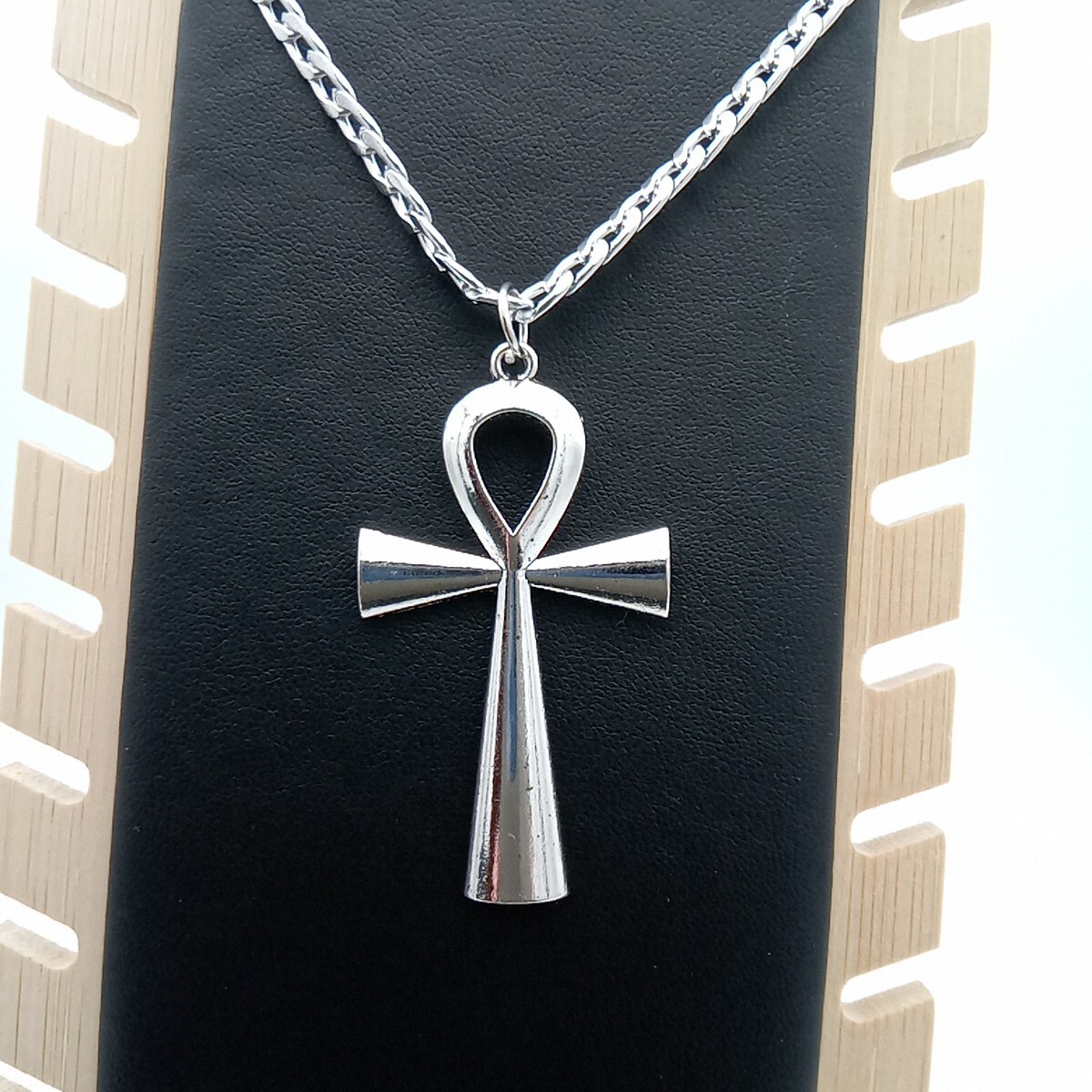 Ankh Necklace Key of Life CROSS Pendant & 24″ Curb Chain Big Vintage silver Tone