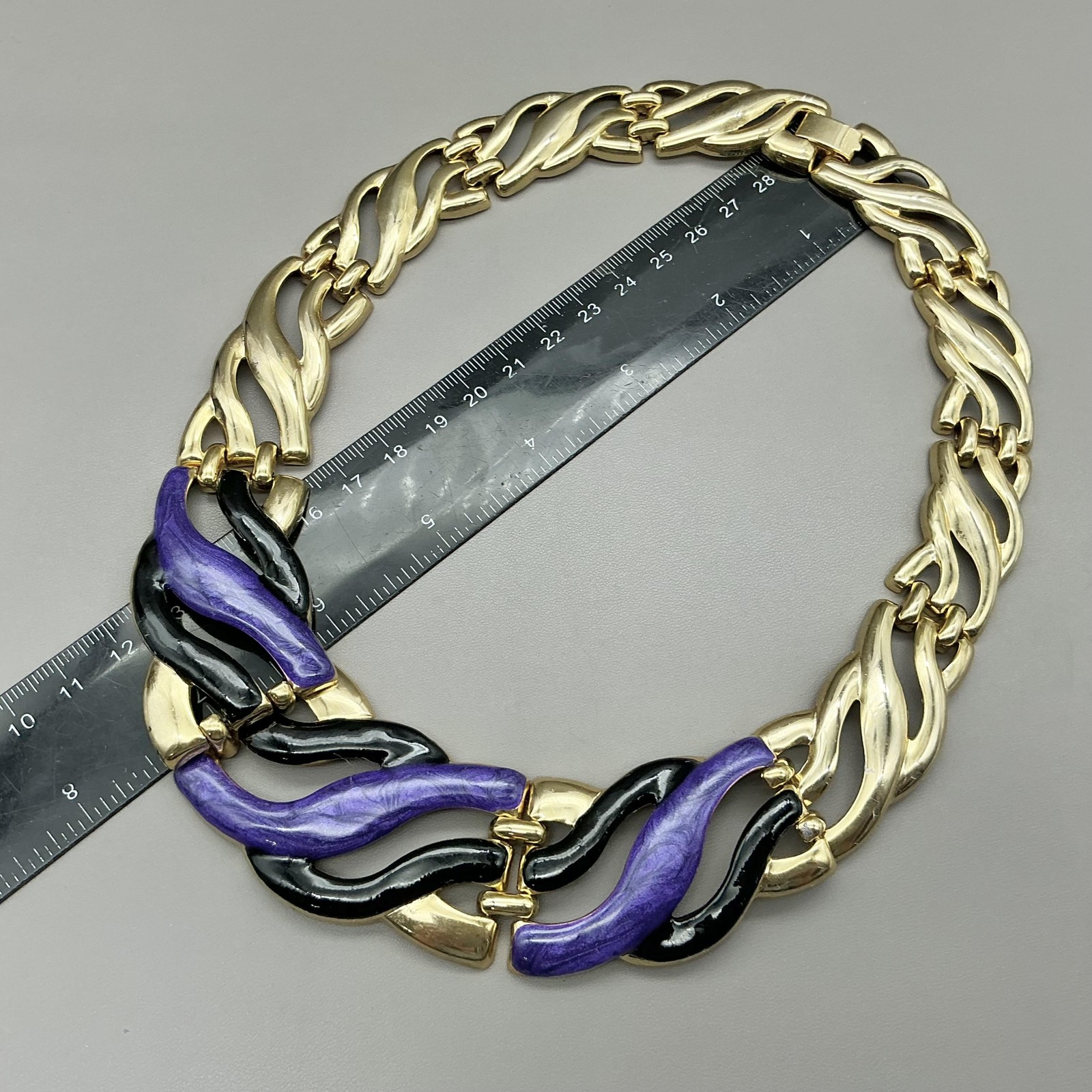 Necklace Statement Collar Gold Tone Purple Black Enamel Wave Womens Jewelry