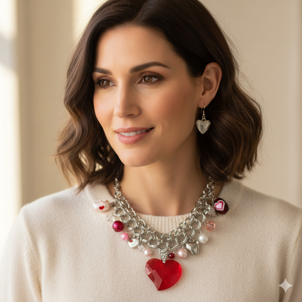 Heart Necklace Valentine’s Day Gift for Woman Love RED Beaded Chain Necklace 18″