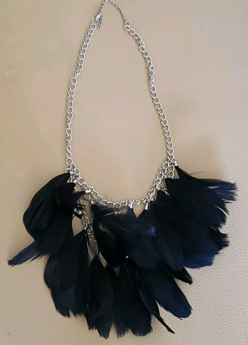 Black Feather Necklace Silver Chain Halloween Or Anytime