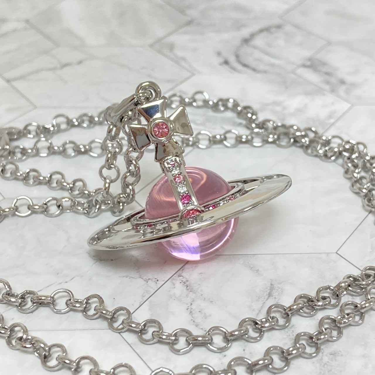 Vivienne Westwood Necklace Small Orb Silver Pink Chain 80cm Top 4.5cm NO BOX