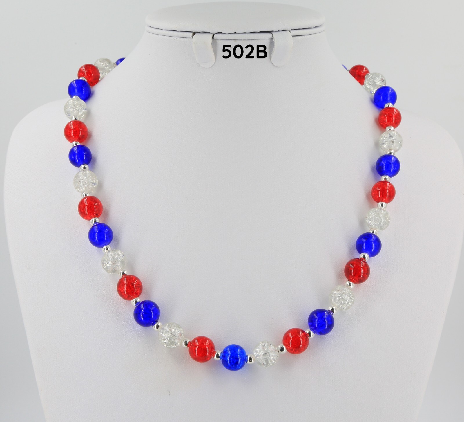 Patriotic red white blue glass crackle bead necklace Great Britain England Royal