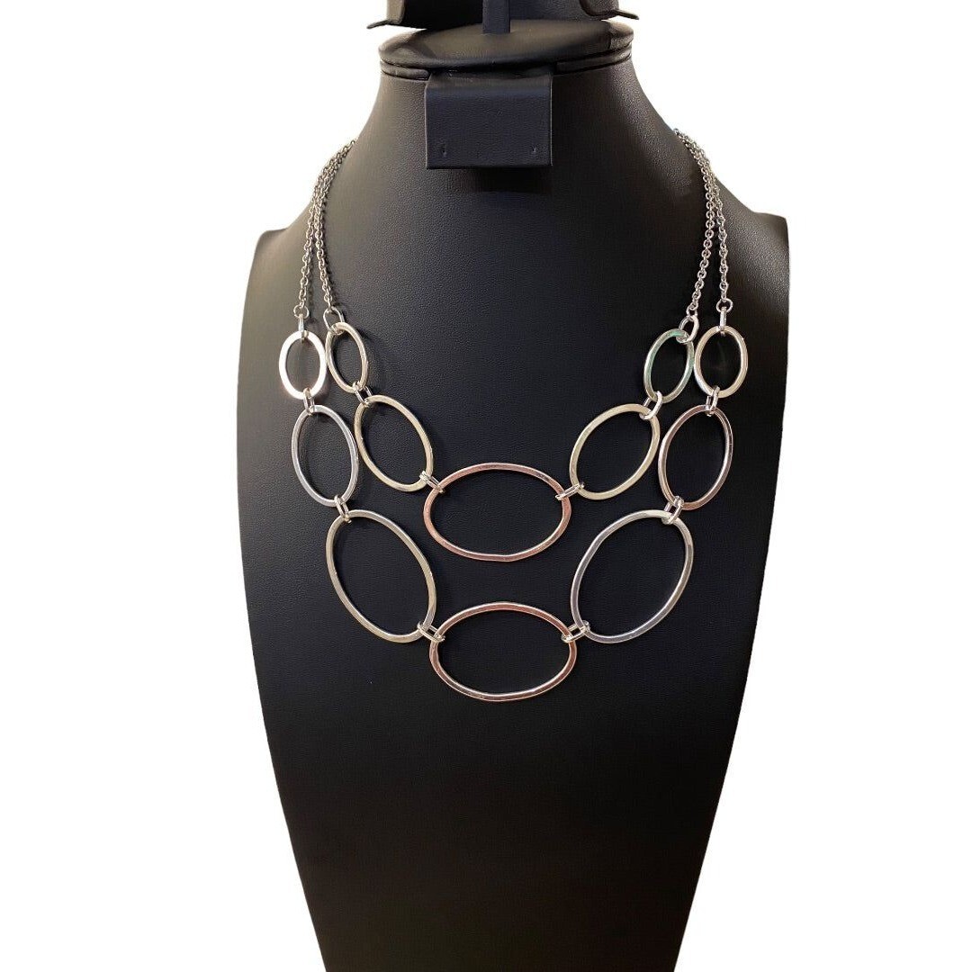 Silvertone Layered Bib Necklace 17-20″ Lays Flat Lightweight Statement