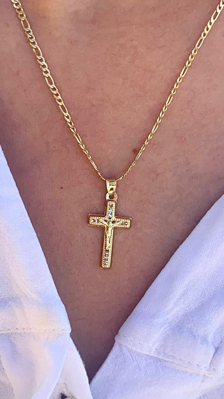 14K Gold Filled CZ Cross Necklace Charm Crucifix Women Men Kid Baby Figaro Chain
