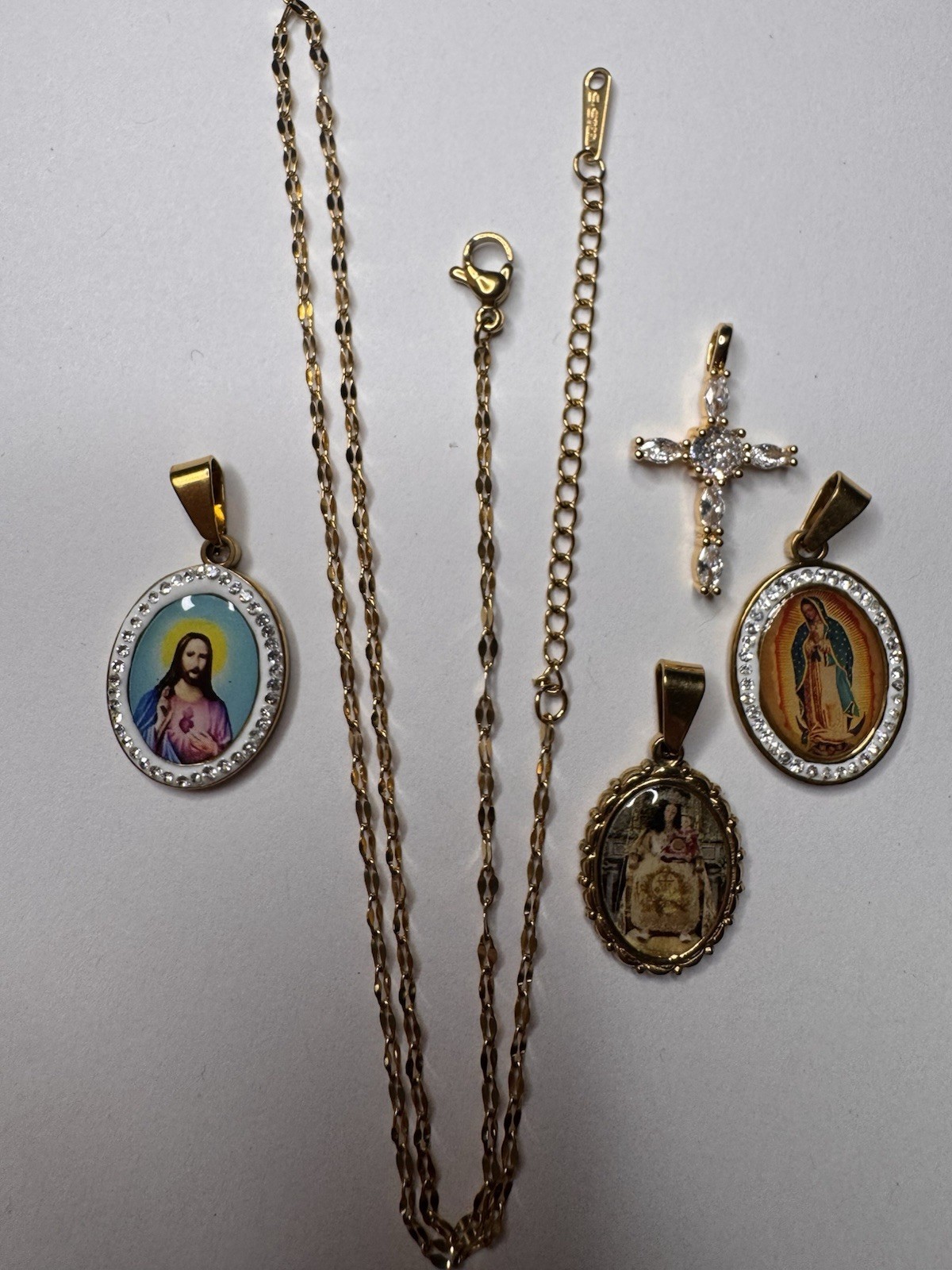Lot Stainless steel stamped chain and pendants Jesus cross Virgin Mary gift set