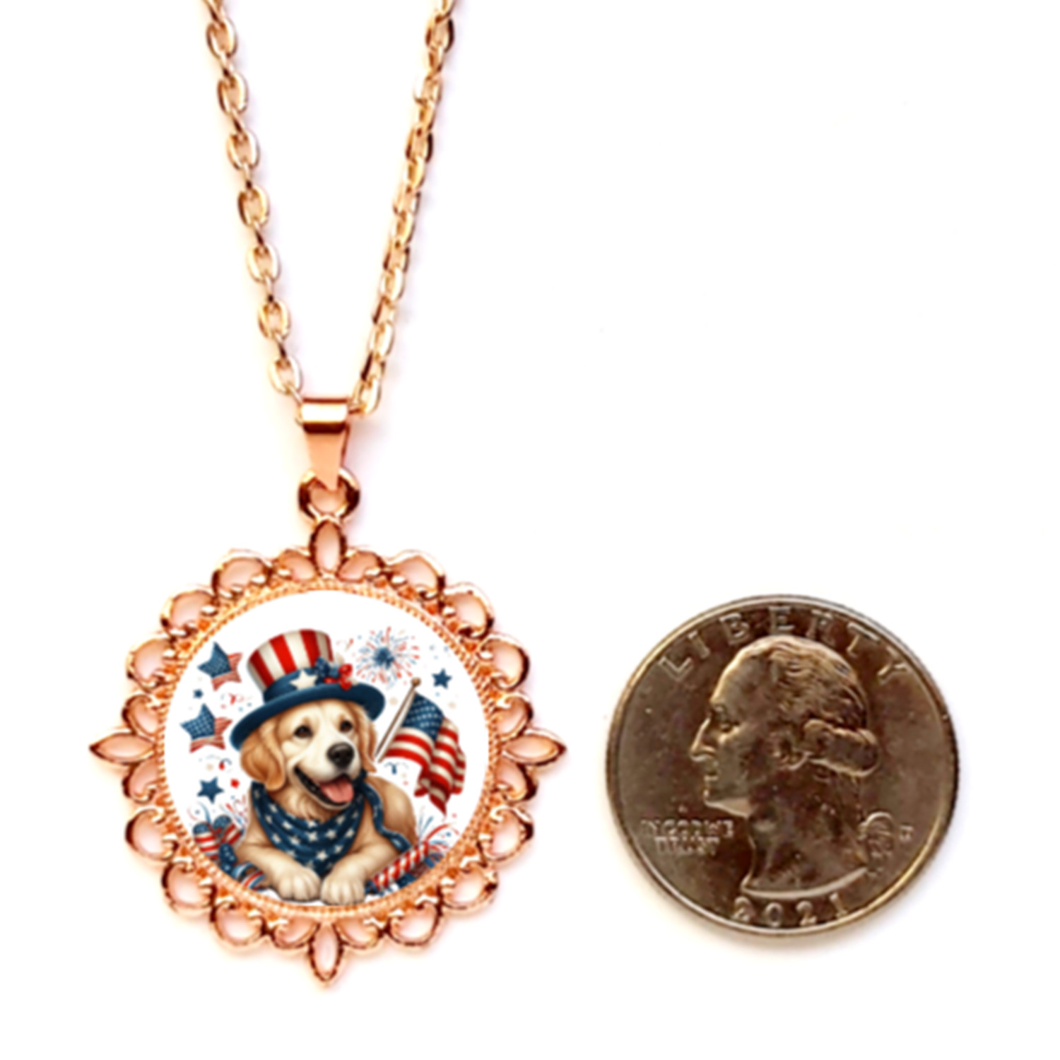 Patriotic Puppy Dog 4th Of July Bezel Pendant Silver Gold Rose Gold Tone USA