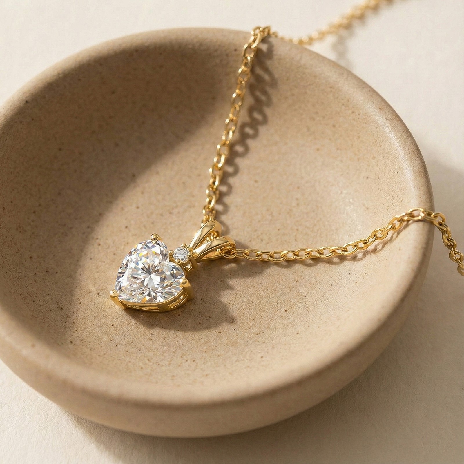 Gold Heart Necklace with Simulated Diamond, Romantic Diamond Pendant For Women