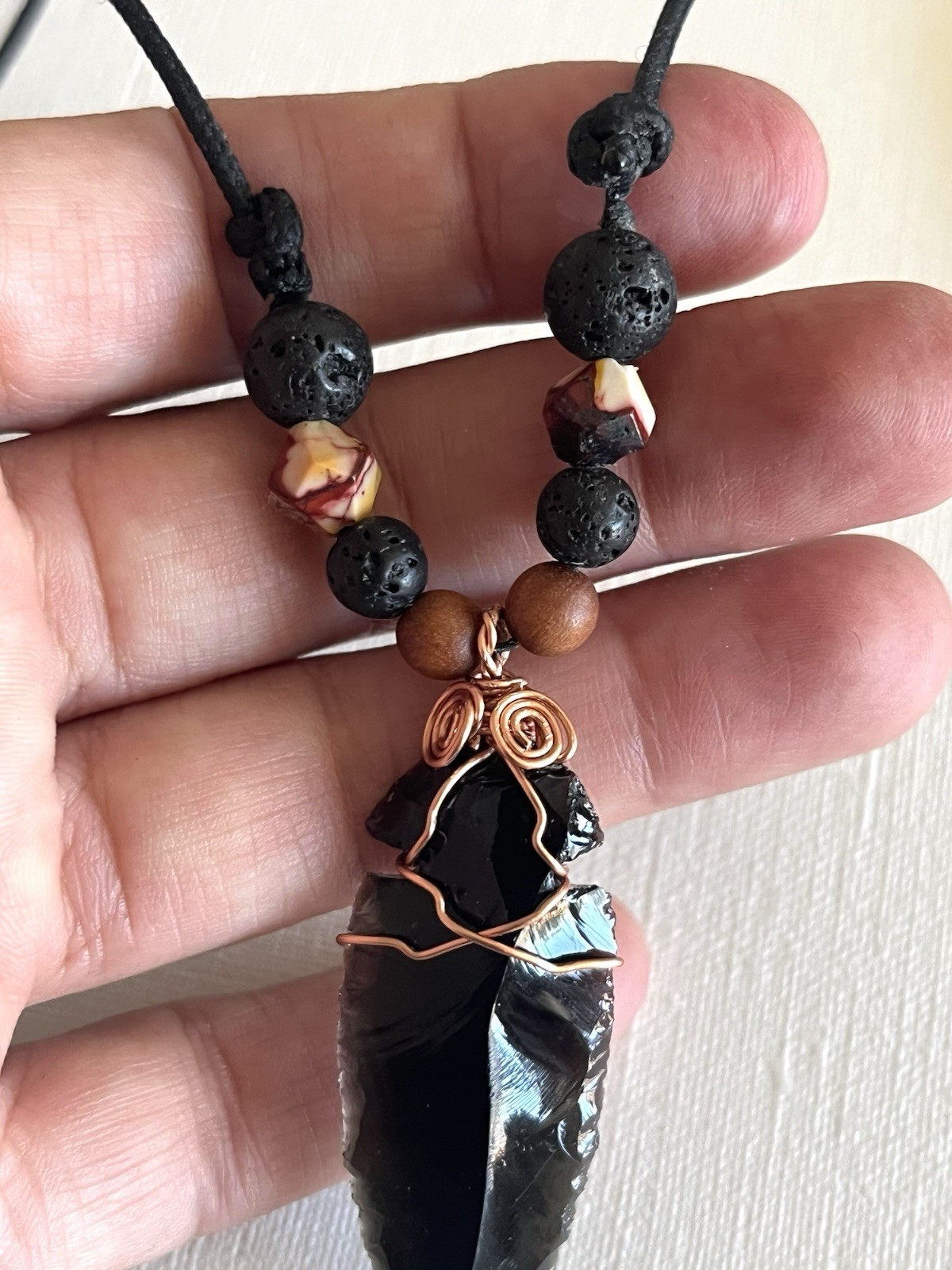 Obsidian Arrow Mokaite Bead Lava Rock Necklace