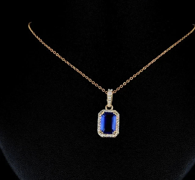3Ct Emerald Cut Simulated Sapphire & Diamond Halo Pendant 14K Yellow Gold Plated