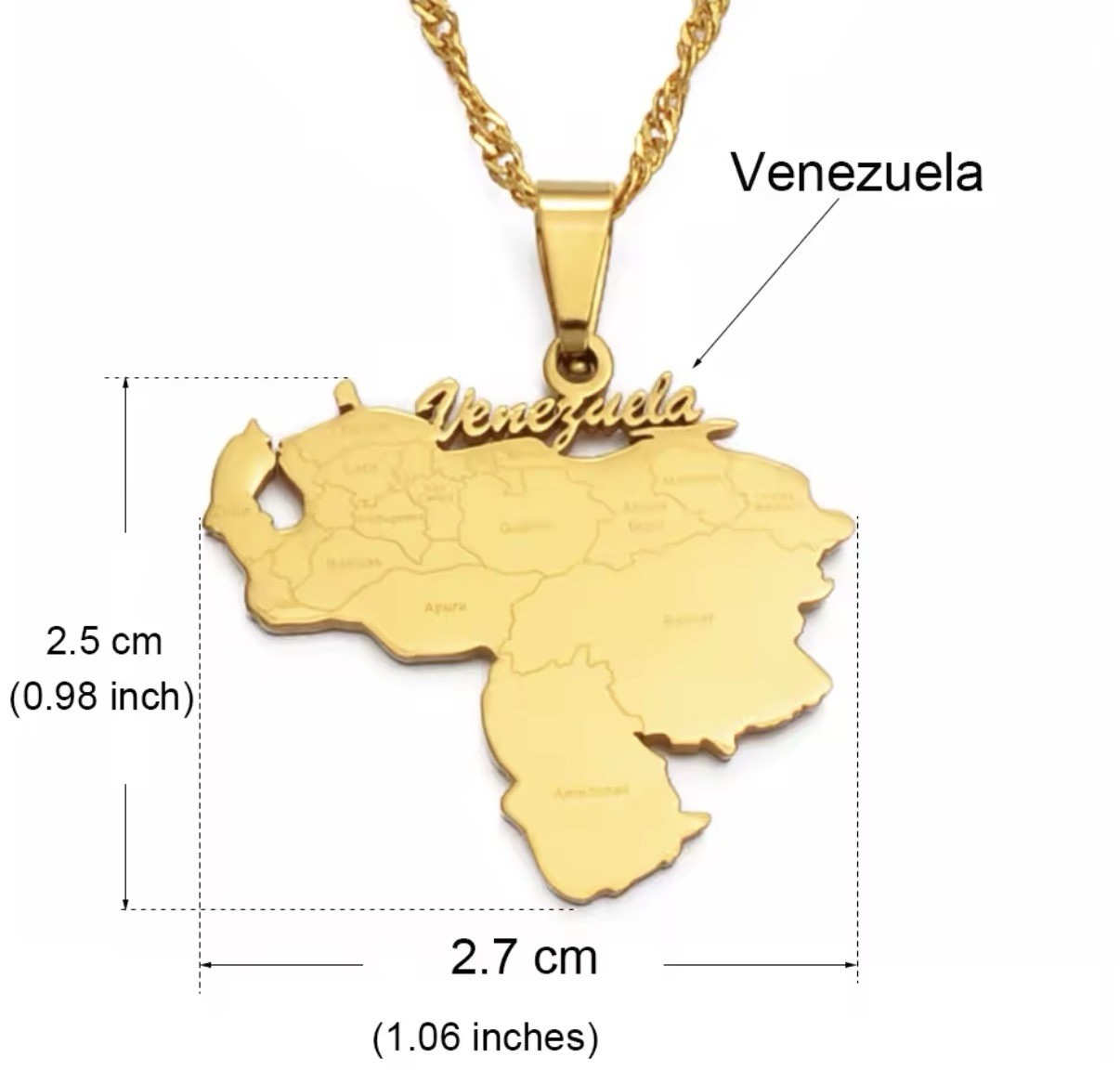 Venezuela Map Pendant Necklace 24” (60 cm) – Gold Tone Stainless Steel