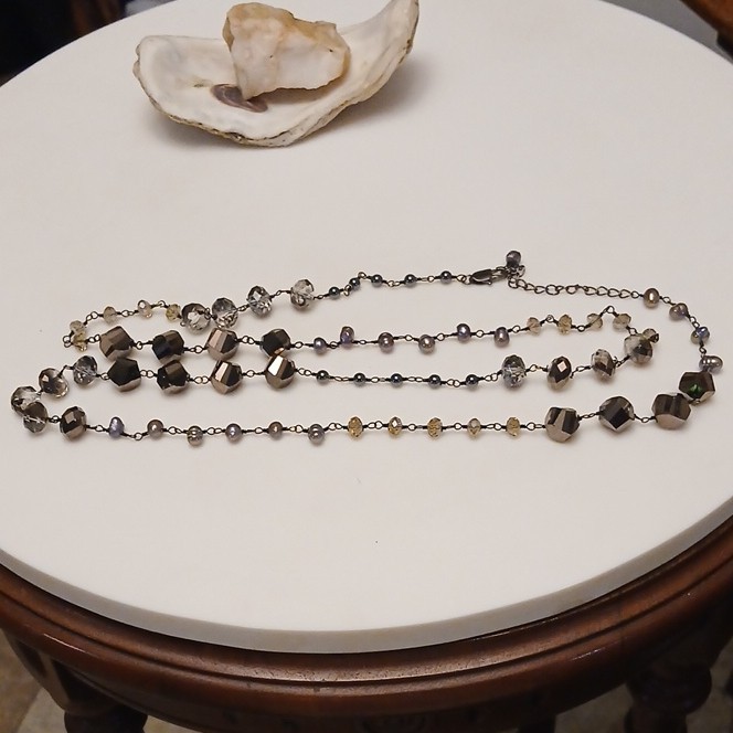 Gray Crystal & Glass Round Beaded Necklace Adjustable Lobster Clasp