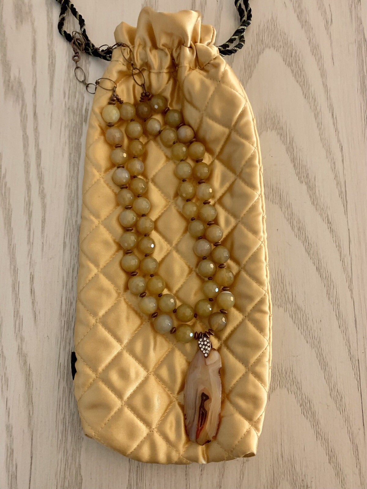 Artisan Made Agate Pendant Chunky Necklace With Hand Knotted Beads Golds Browns