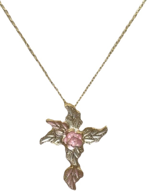 Gold Tone and Pink Floral Pendant Necklace/ Gold Tone Chain Measures 17 + 2 In