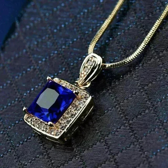 2Ct Princess Cut Lab-Created BlueSapphire Women’s Pendant 14K Yellow Gold Plated