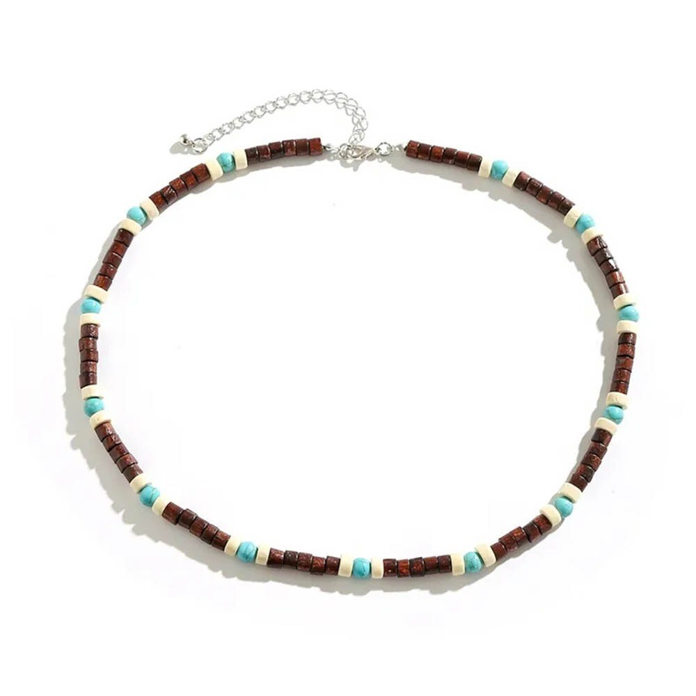 Mens Wood Beaded Necklace Turquoise Boho Surfer Choker Adjustable Chain Gift