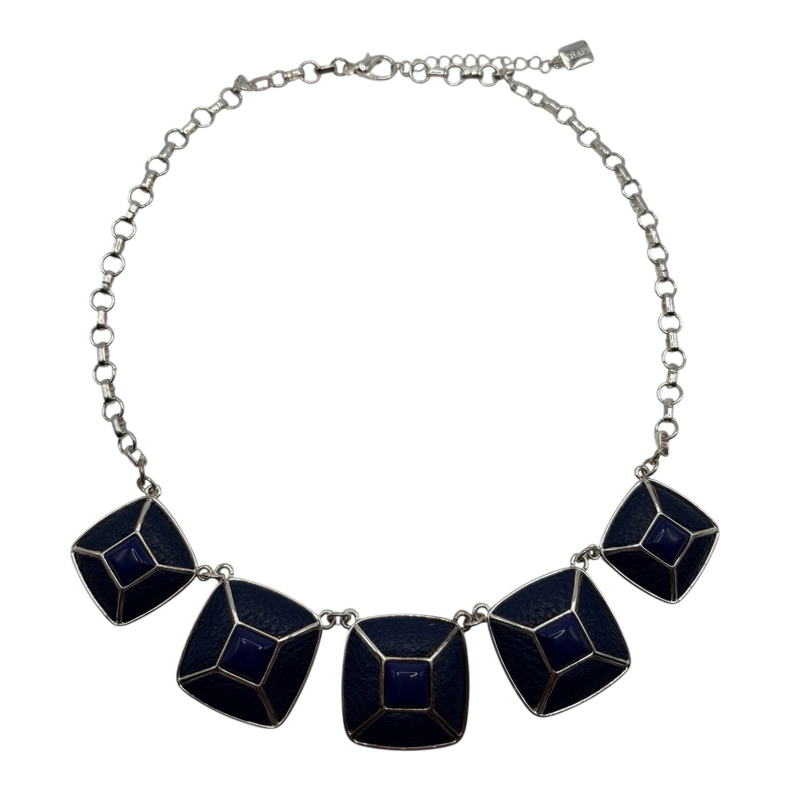 CHAPS Bib Necklace Ralph Lauren Navy Blue Faux Leather Silver Tone Statement