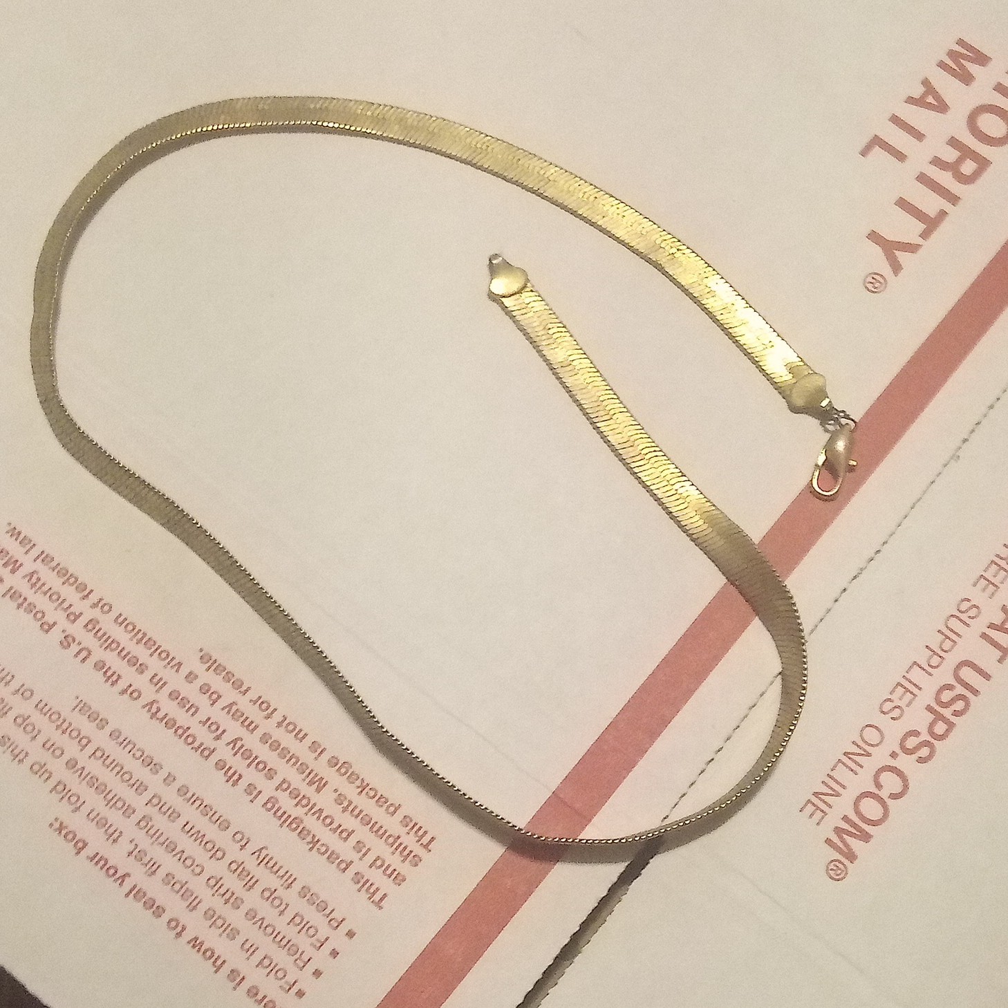 Gold Tone Herringbone Chain Necklace, Metal, No Stone, Lobster Clasp