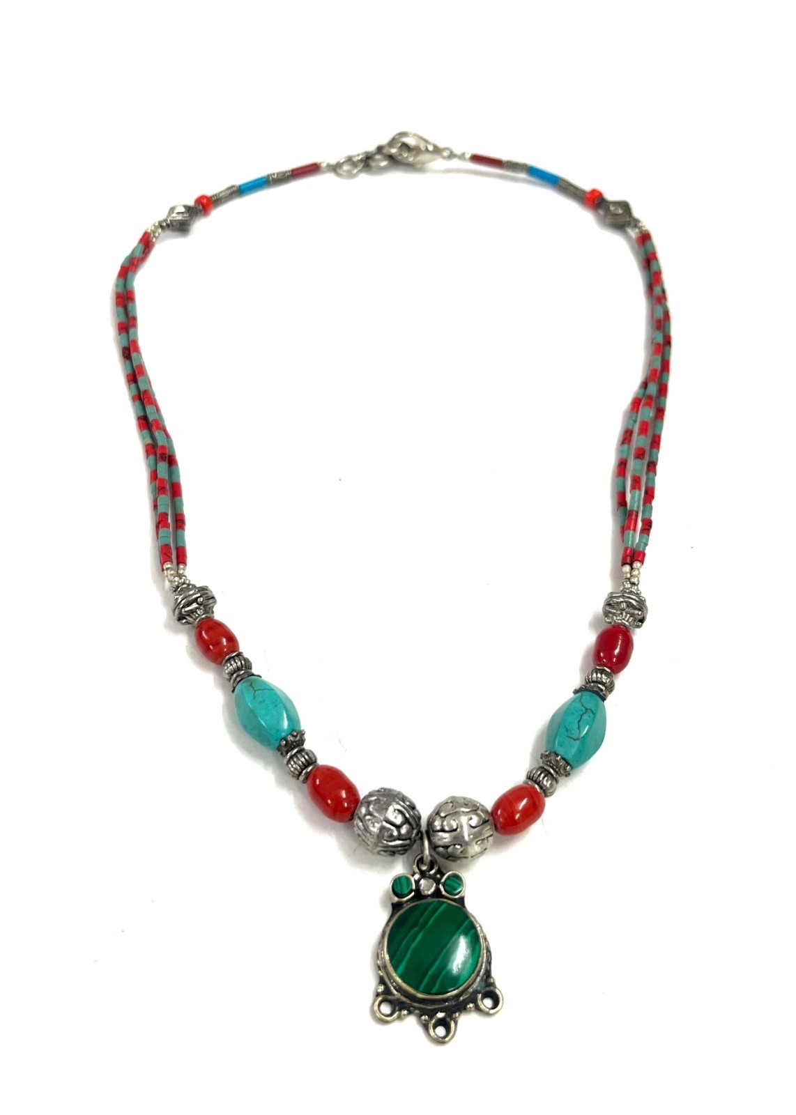 Turquoise Coral Gemstone Tibetan Statement Necklace Jewelry, 17 Inch Adjs