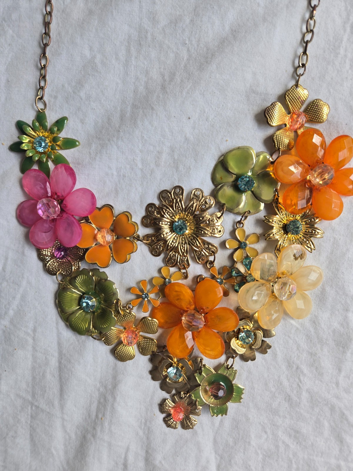 Floral Statement Necklace in Orange , Pink, Grean and Cream with Gold Tones # II