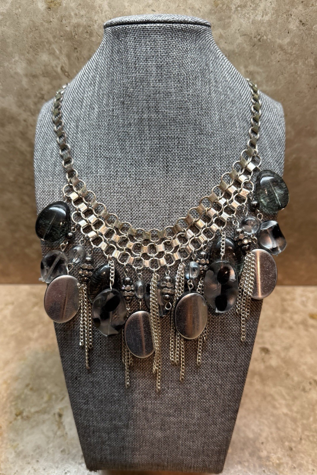 Chunky Bib Fringe Necklace Acrylic Black Grey Metal Drop Beads