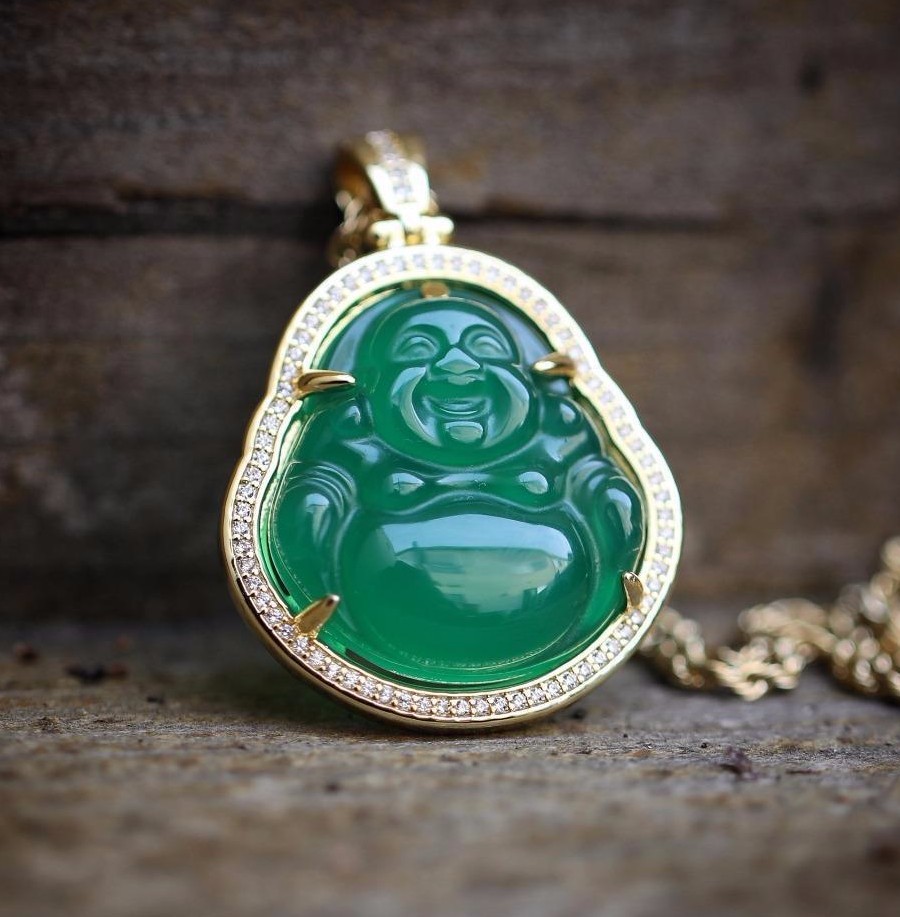 14K Gold Plated Green Jade Buddha Pendant Necklace With Lab Simulated Diamonds
