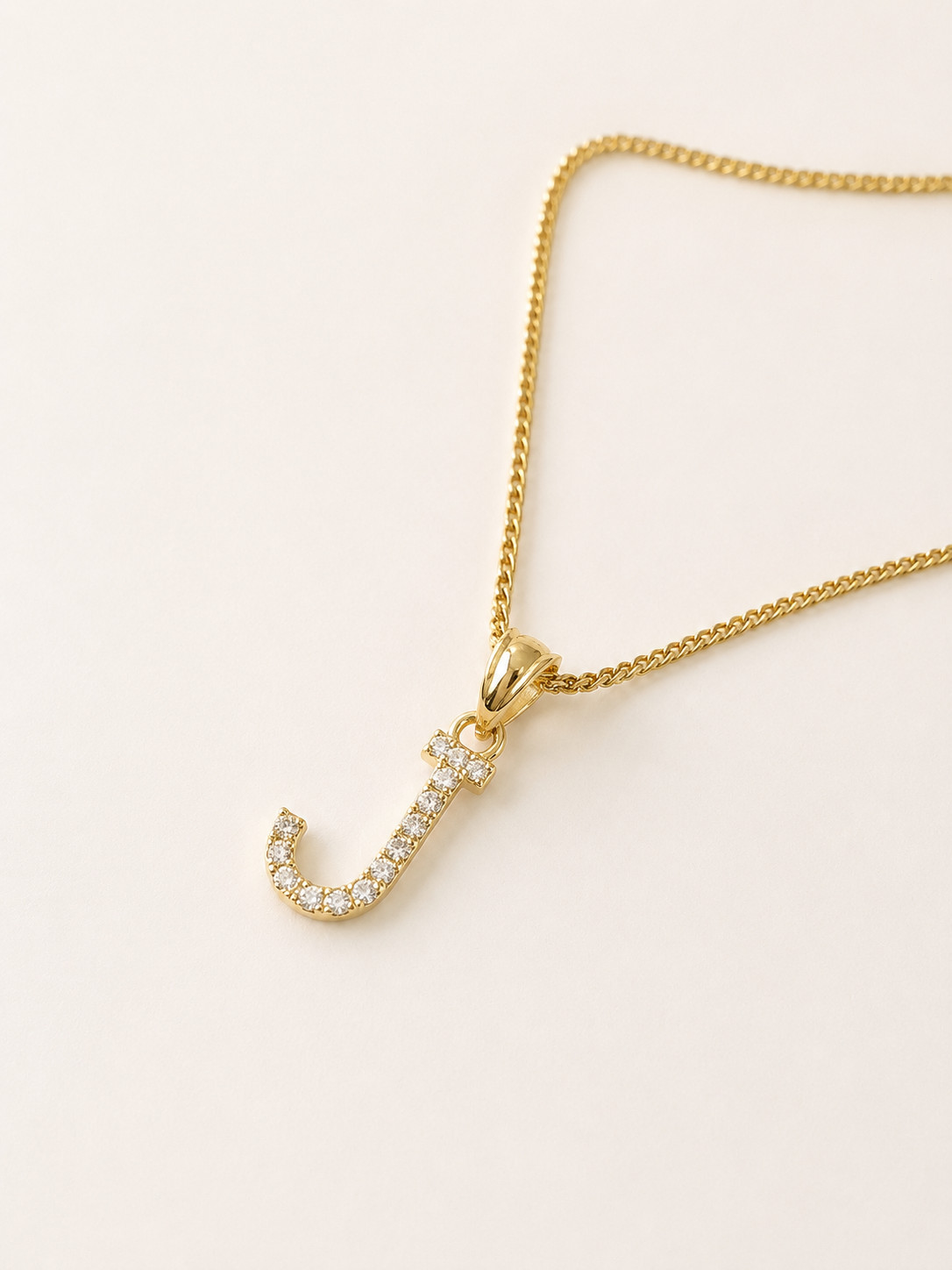 10K Gold Solid Franco Chain J Initial CZ Stone Pendant Set 1mm 16 18 20 22 Women